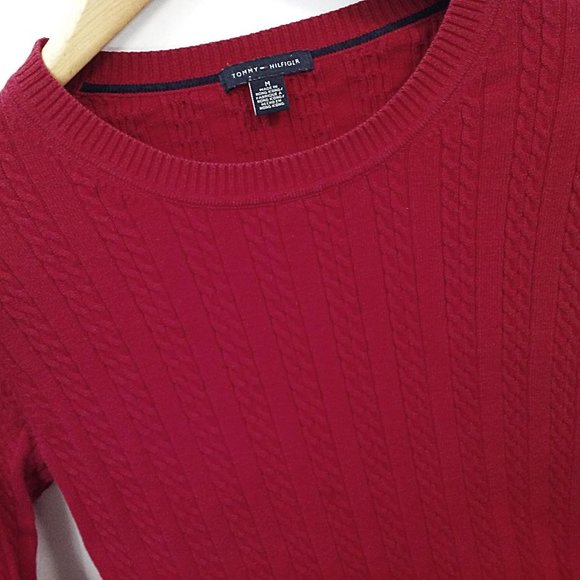 Y2k-2008 Tommy Hilfiger Ribbed Cable Knit Crewneck Sweater Ladies -M Cotton Red - Picture 6 of 8